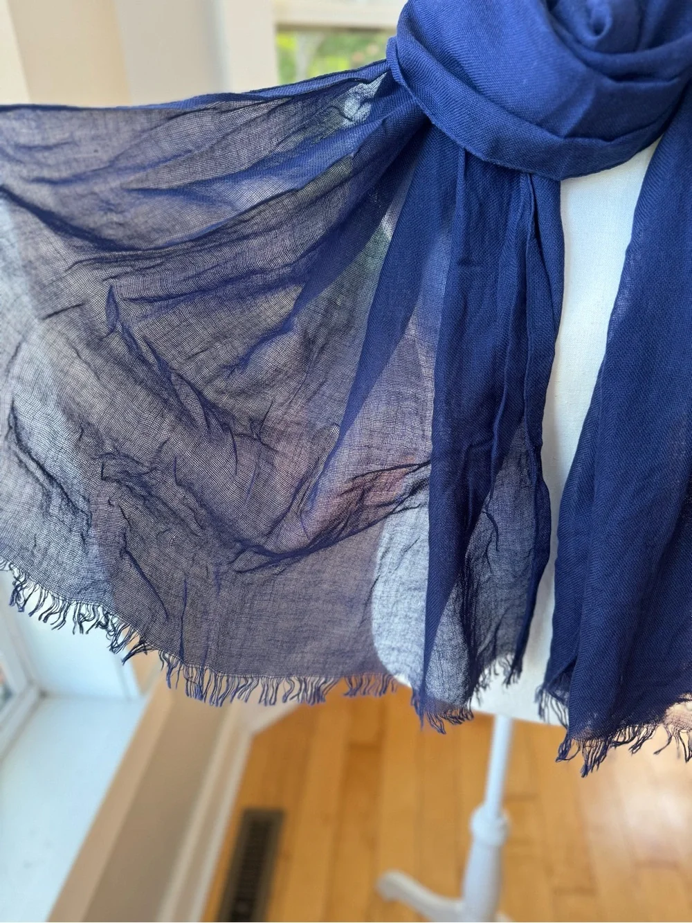 Vintage Cobalt Blue Lightweight Woven Rectangle Scarf Wrap with Fringe
